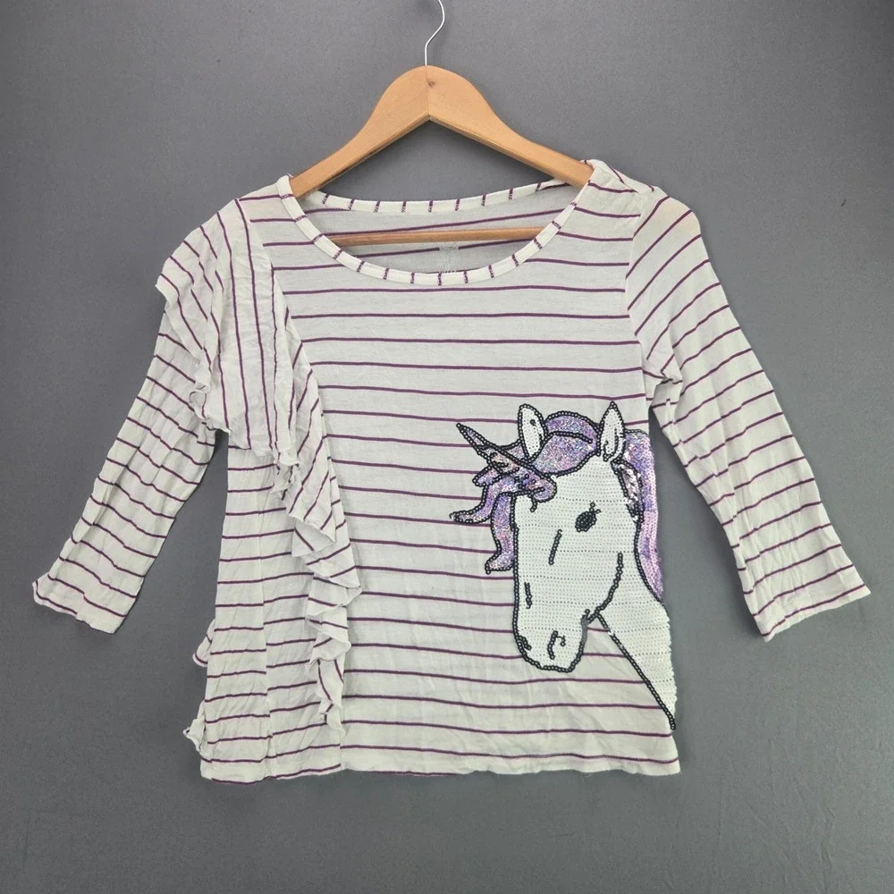 Total Girl Top Unicorn Sequin Ruffle Stripe Shirt Size M 10/12 Purple White